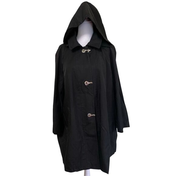 London Fog Lined Black Women's 3X Trench Rain Coat Hooded Silver Clasp Closer - Picture 3 of 12
